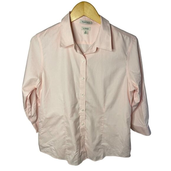 L.L. Bean Light Pink Fitted 3/4 Sleeve Button Front Wrinkle Resist Top Sz M - Picture 1 of 10